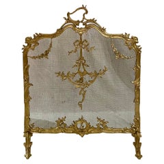 Antique French Louis XV Style Gold Bronze Fire Screen, Circa 1890's.