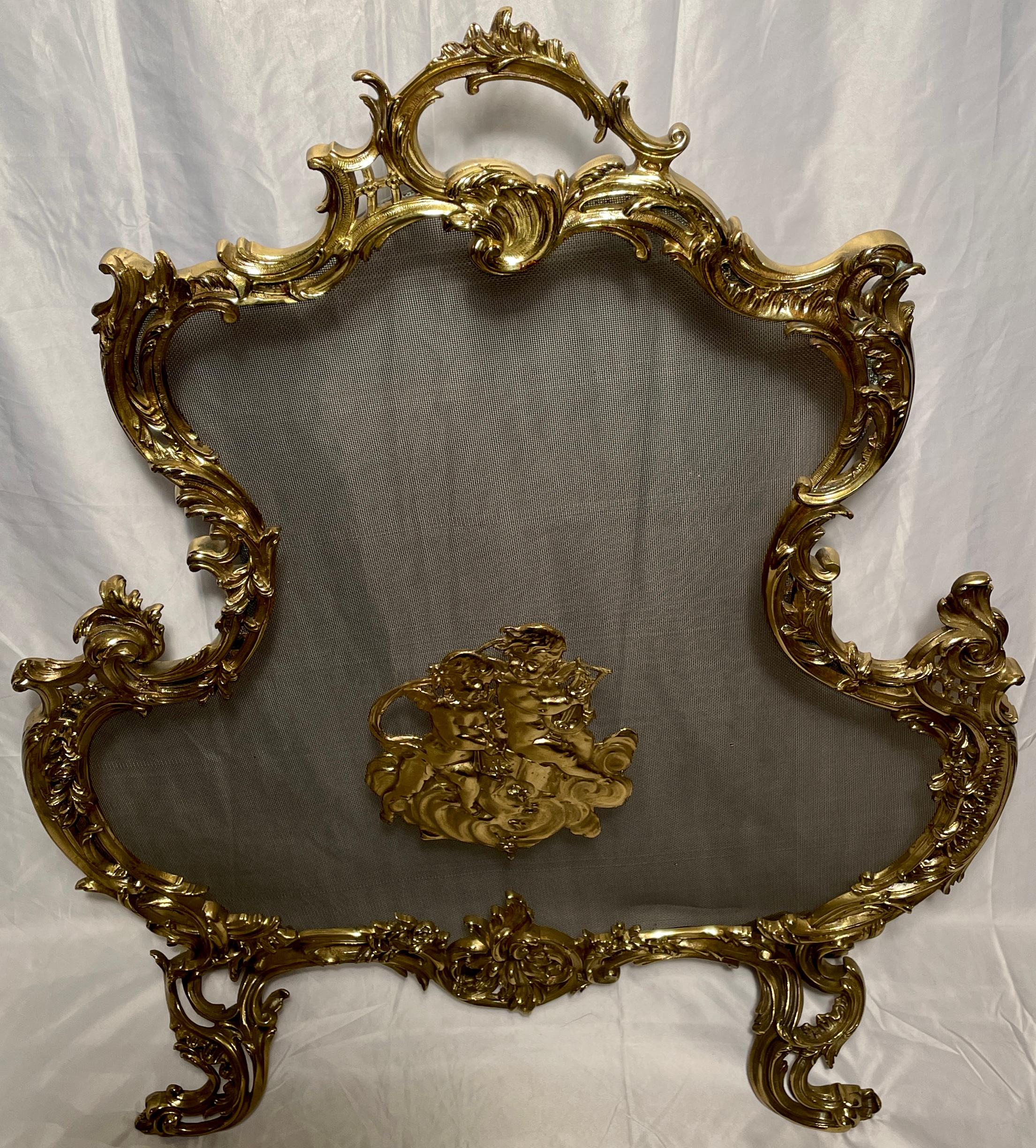 Antique French Louis XV style gold bronze fire screen, circa 1900.