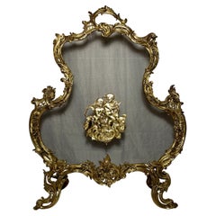Antique French Louis XV Style Gold Bronze Fire Screen, Circa 1900