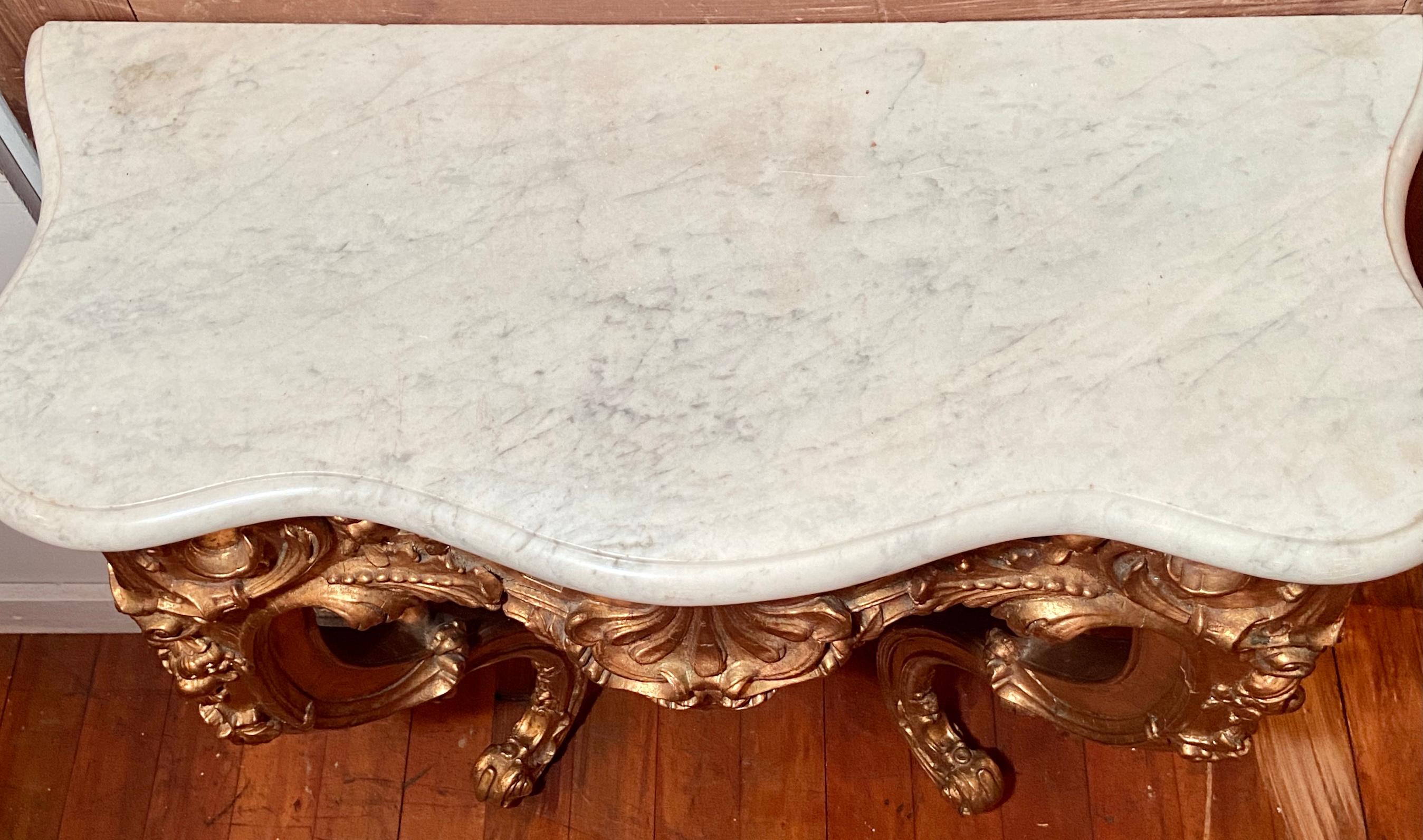 20th Century Antique French Louis XV Style Gold Console with White Marble Top, Ca 1910-1920 For Sale