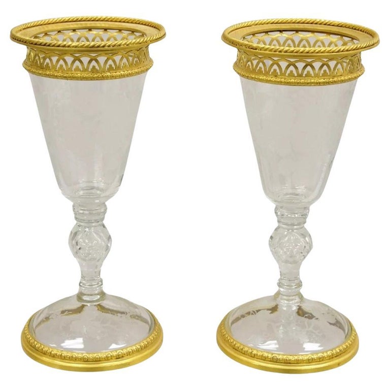 Antique French Louis XV Style Gold Gilt Bronze Crystal Glass Stem Goblet -  Pair