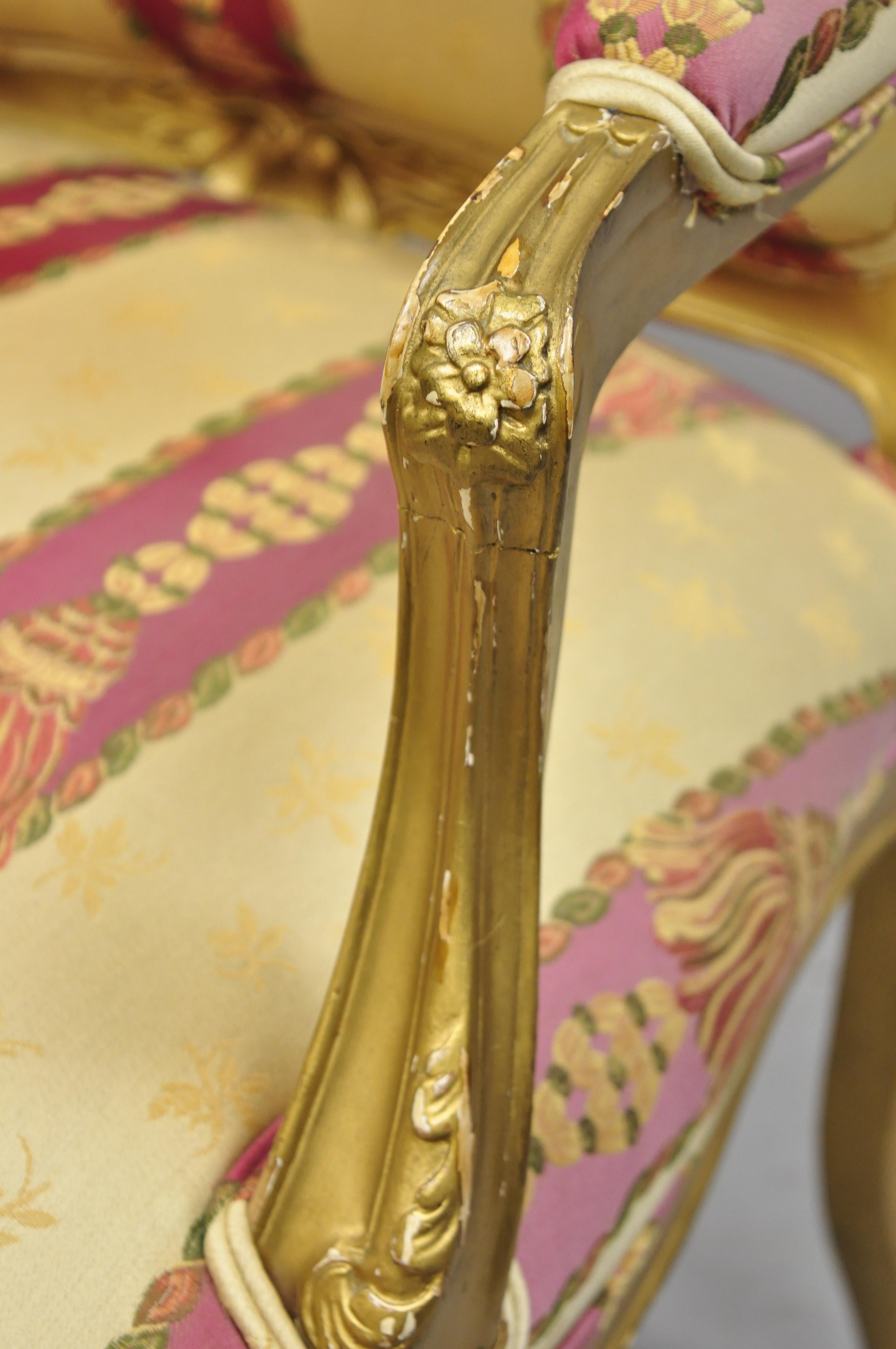 Antique French Louis XV Style Gold Gilt Parlor Arm Lounge Chair In Good Condition In Philadelphia, PA