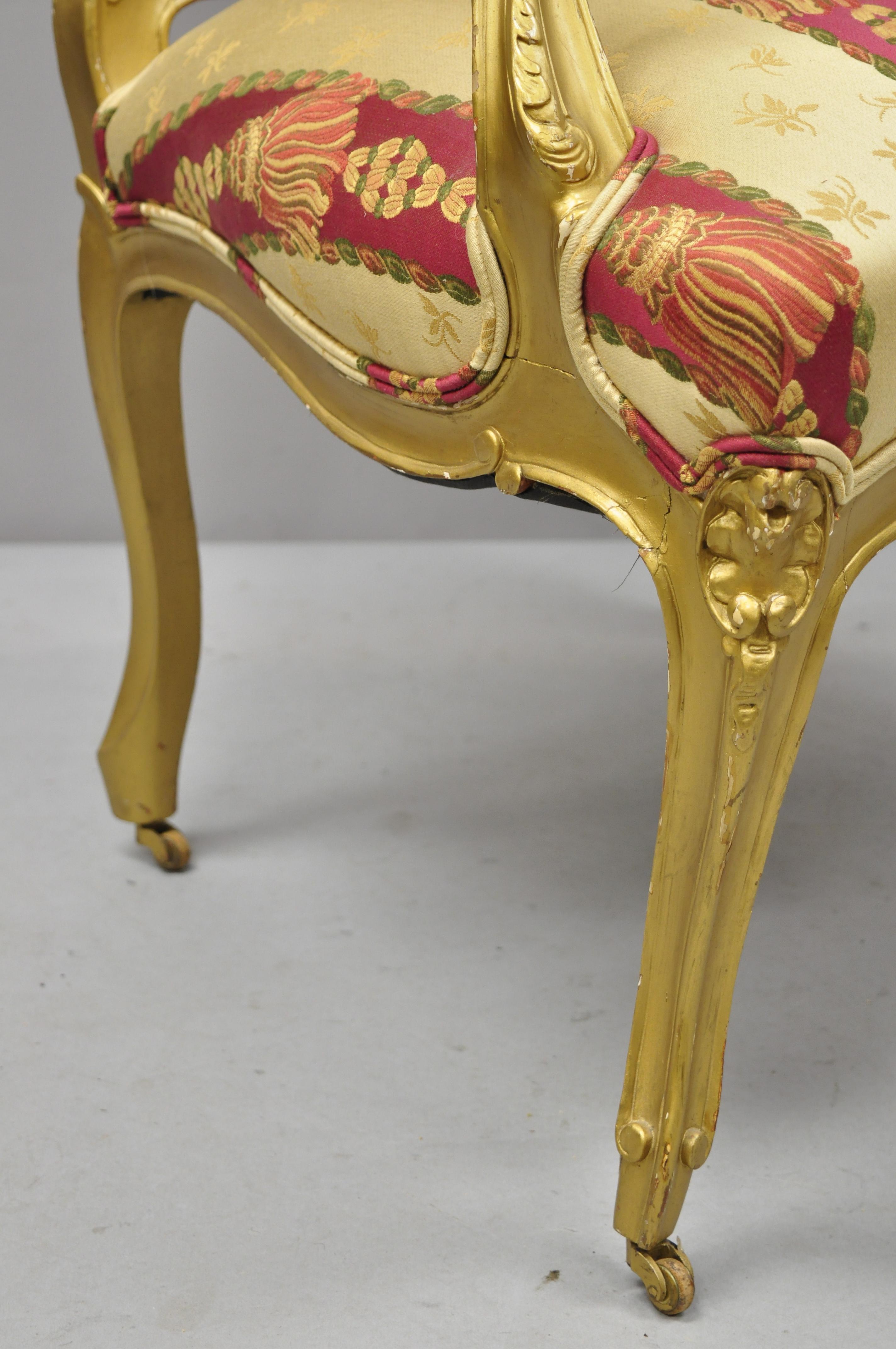 20th Century Antique French Louis XV Style Gold Gilt Parlor Arm Lounge Chair