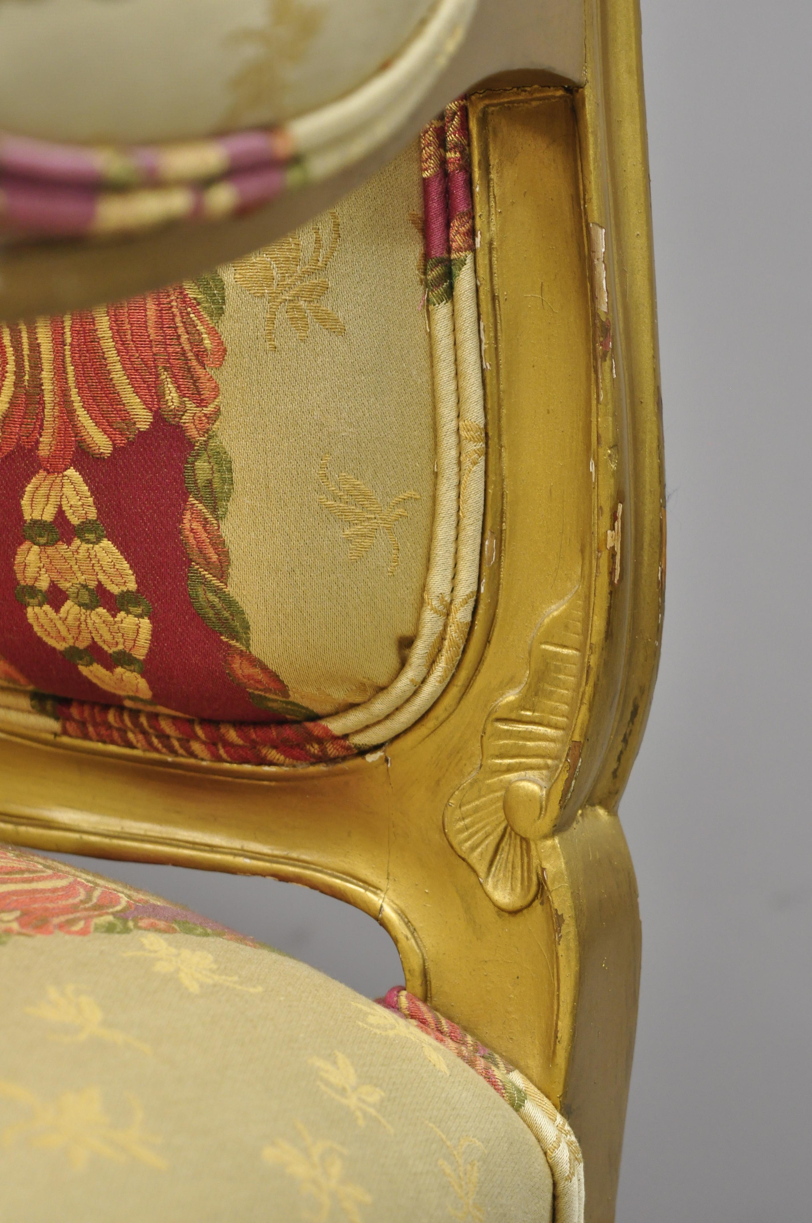 Fabric Antique French Louis XV Style Gold Gilt Parlor Arm Lounge Chair
