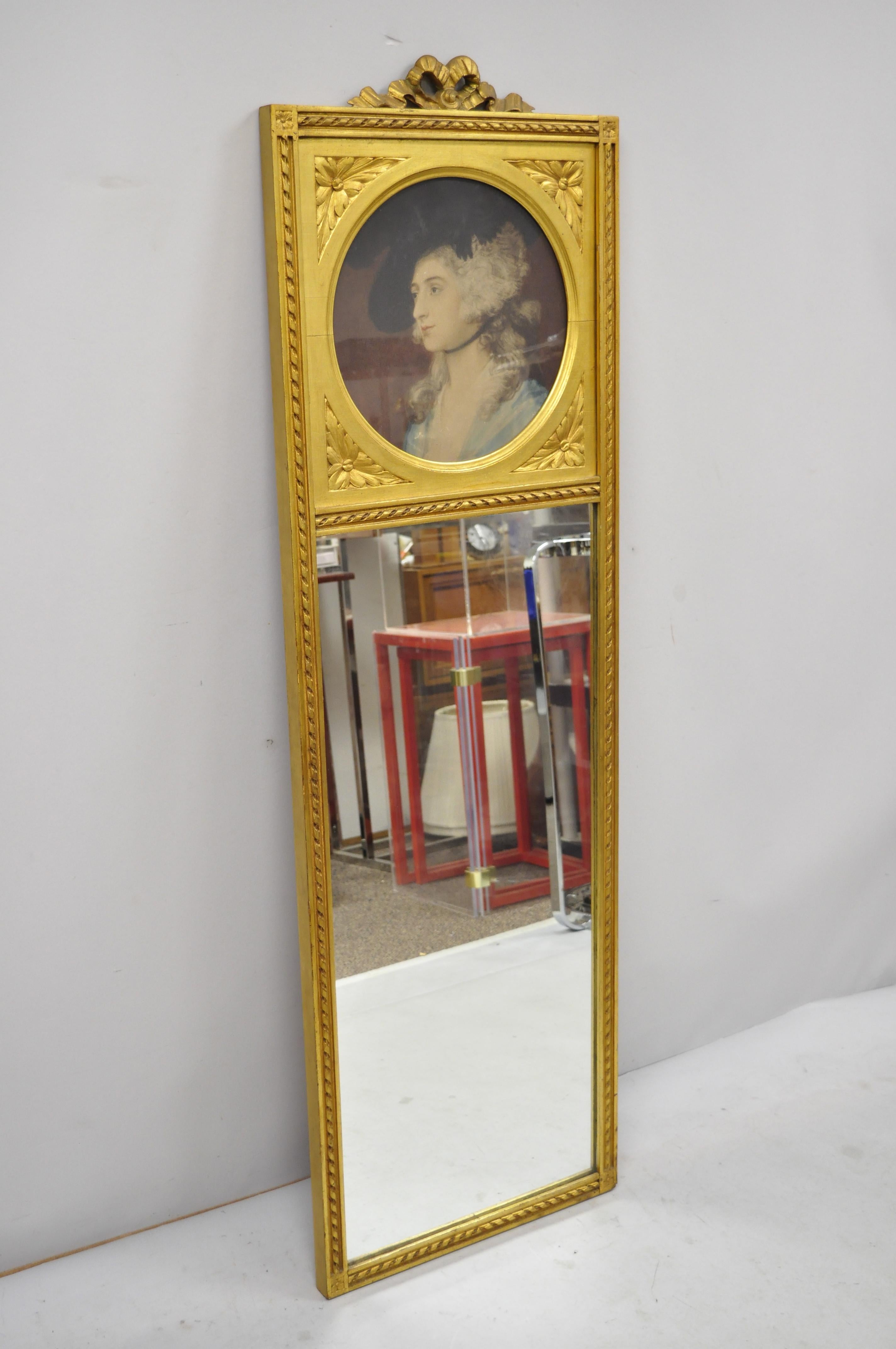 Antique French Louis XV Style Gold Gilt Wood Trumeau Mirror with Portrait Print For Sale 8