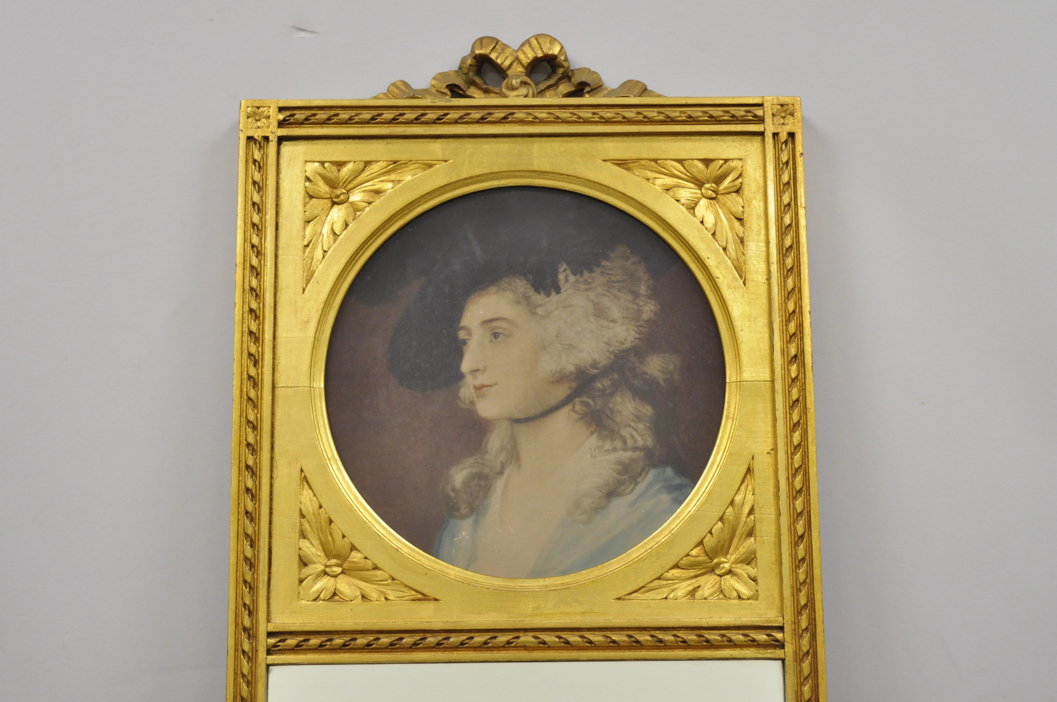 Antique French Louis XV Style Gold Gilt Wood Trumeau Mirror with Portrait Print In Good Condition For Sale In Philadelphia, PA