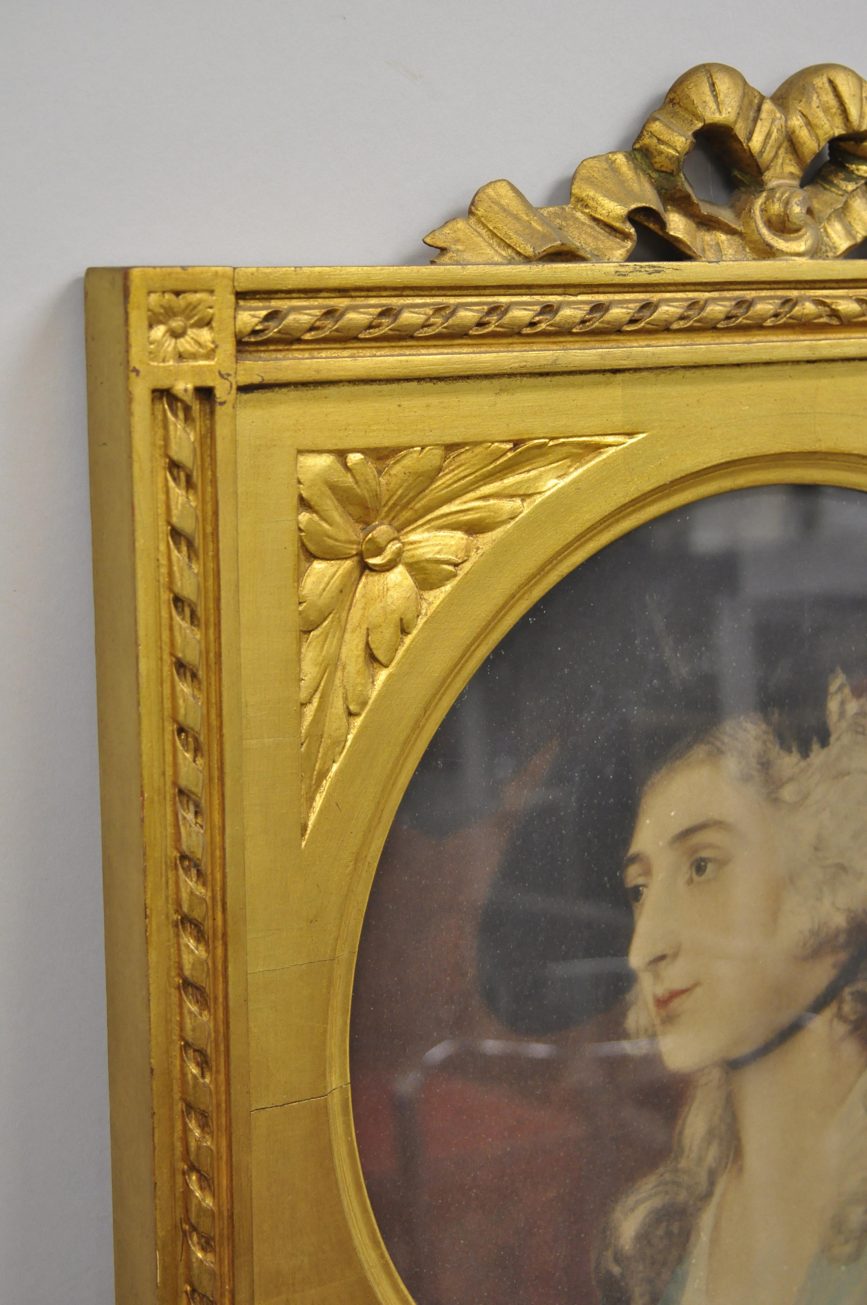 Antique French Louis XV Style Gold Gilt Wood Trumeau Mirror with Portrait Print For Sale 1