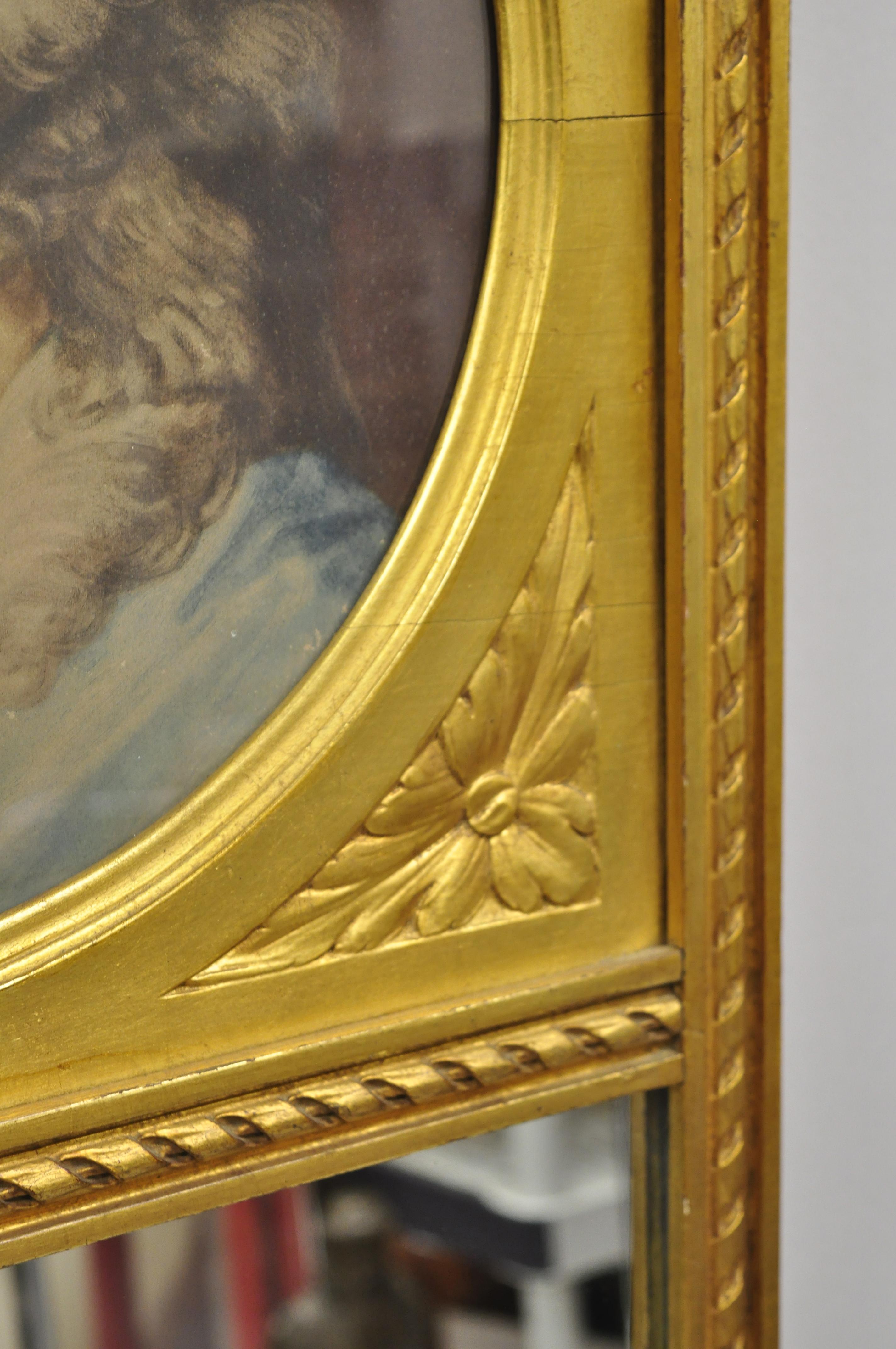 Antique French Louis XV Style Gold Gilt Wood Trumeau Mirror with Portrait Print For Sale 3