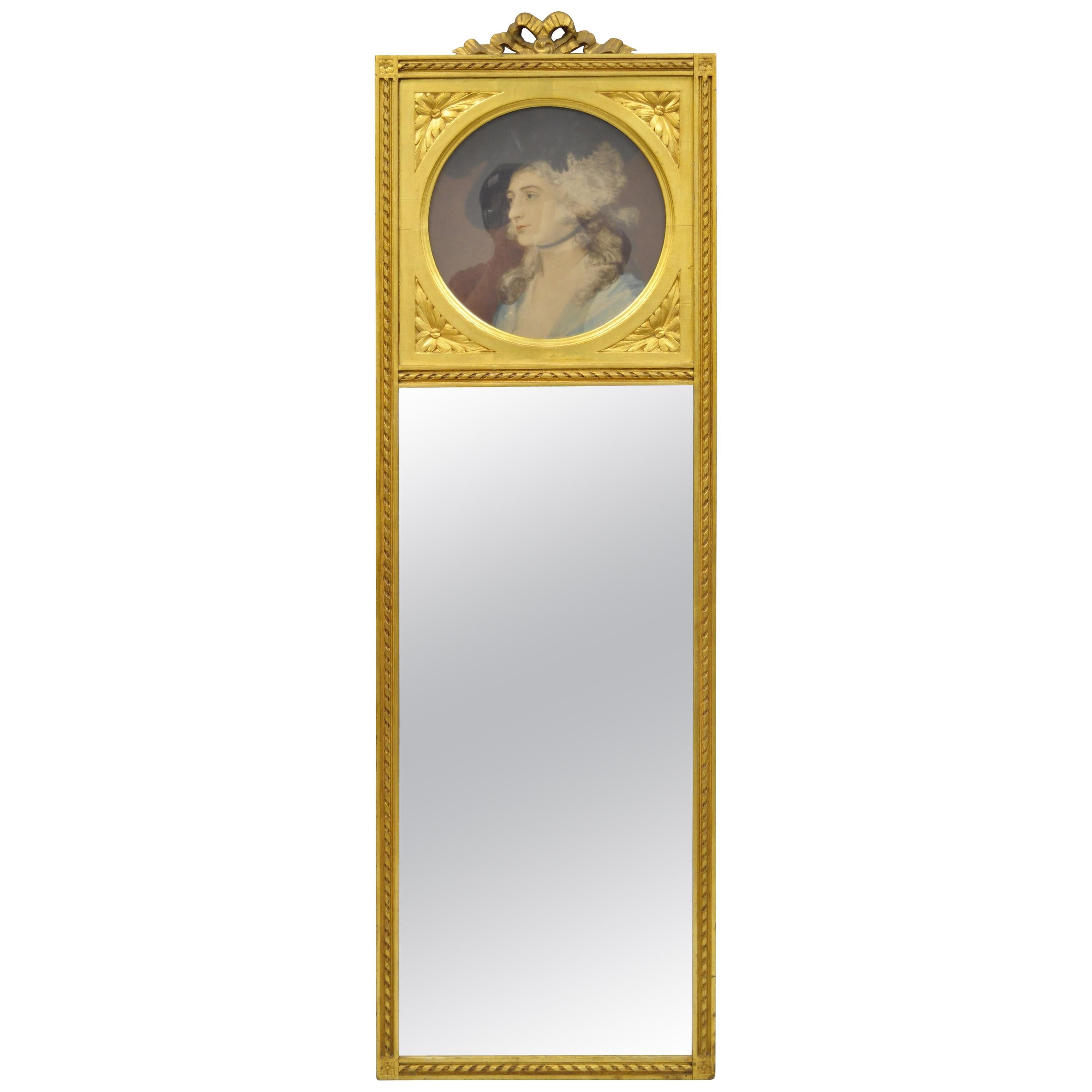 Antique French Louis XV Style Gold Gilt Wood Trumeau Mirror with Portrait Print For Sale