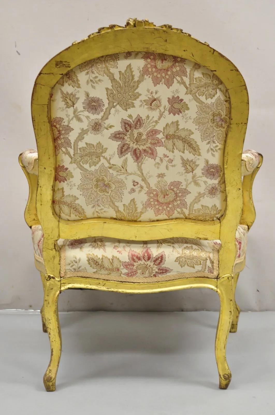 Antique French Louis XV Style Gold Giltwood Floral Carved Upholstered Arm Chair For Sale 5