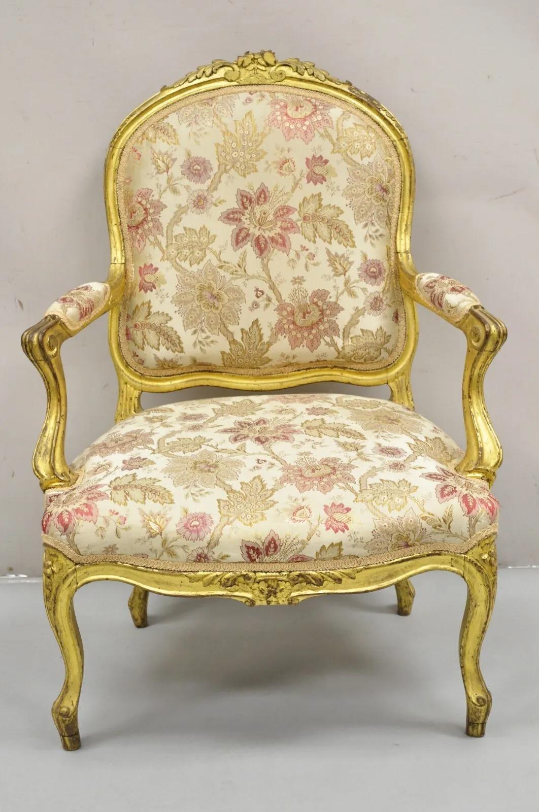 Antique French Louis XV Style Gold Giltwood Floral Carved Upholstered Arm Chair In Good Condition For Sale In Philadelphia, PA