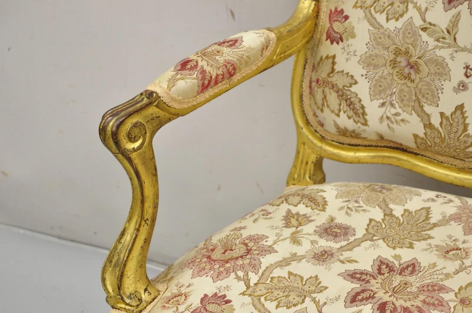 Fabric Antique French Louis XV Style Gold Giltwood Floral Carved Upholstered Arm Chair For Sale