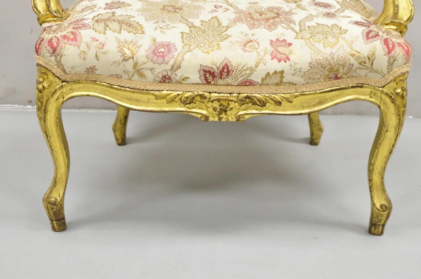 Antique French Louis XV Style Gold Giltwood Floral Carved Upholstered Arm Chair For Sale 1