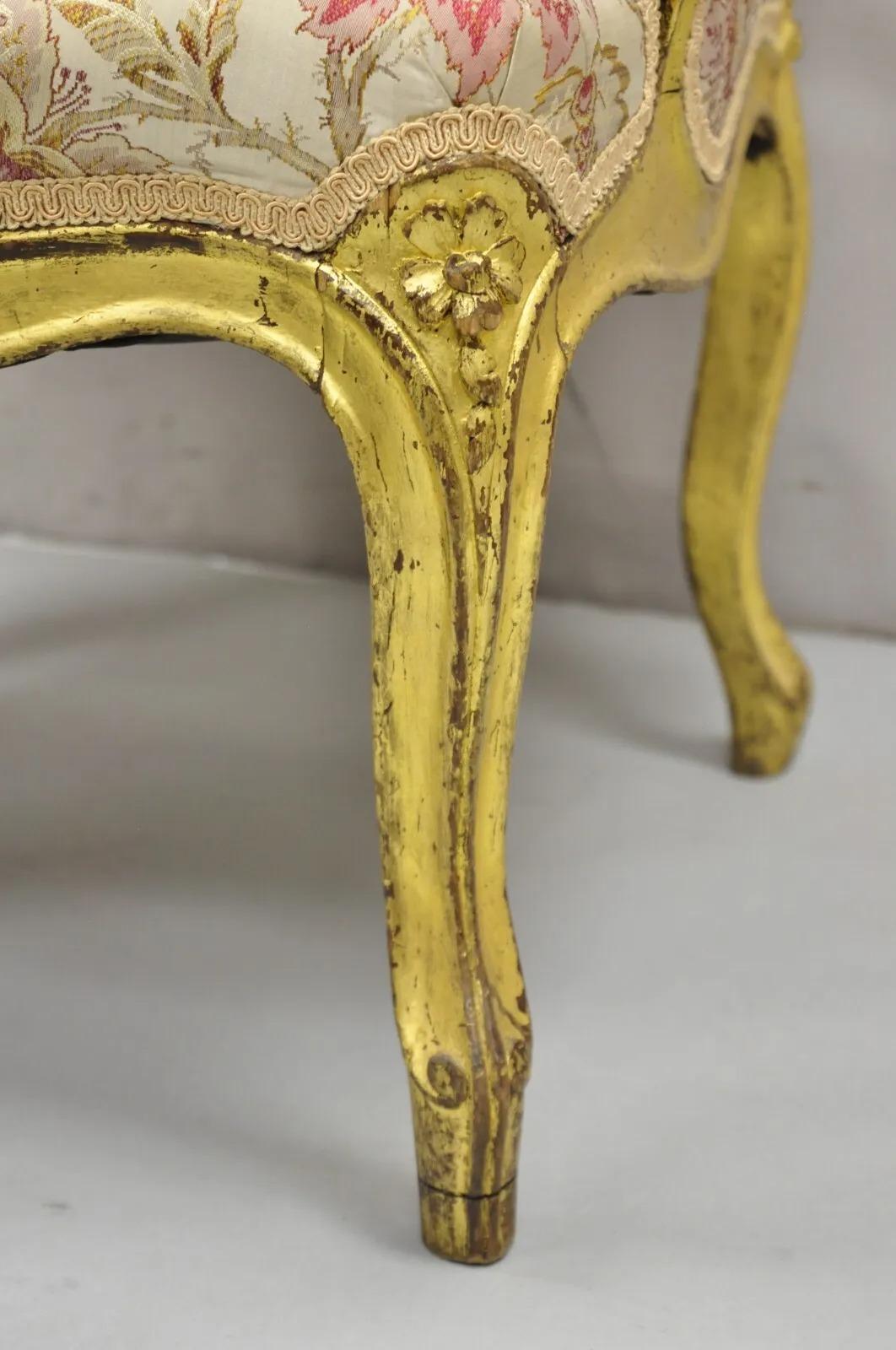 Antique French Louis XV Style Gold Giltwood Floral Carved Upholstered Arm Chair For Sale 3
