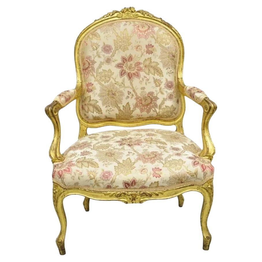 Antique French Louis XV Style Gold Giltwood Floral Carved Upholstered Arm Chair For Sale