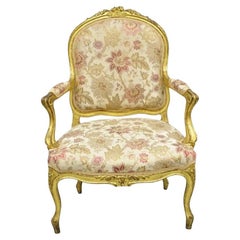 Antiker französischer Louis XV Style Gold Giltwood Floral geschnitzt Upholstered Arm Chair