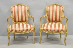 Antique French Louis XV Style Gold Giltwood Pink Stripe Fauteuil Arm Chair, Pair