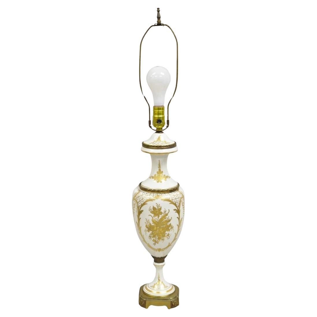 Antique French Louis XV Style Gold Hand Painted White Porcelain Urn Table Lamp