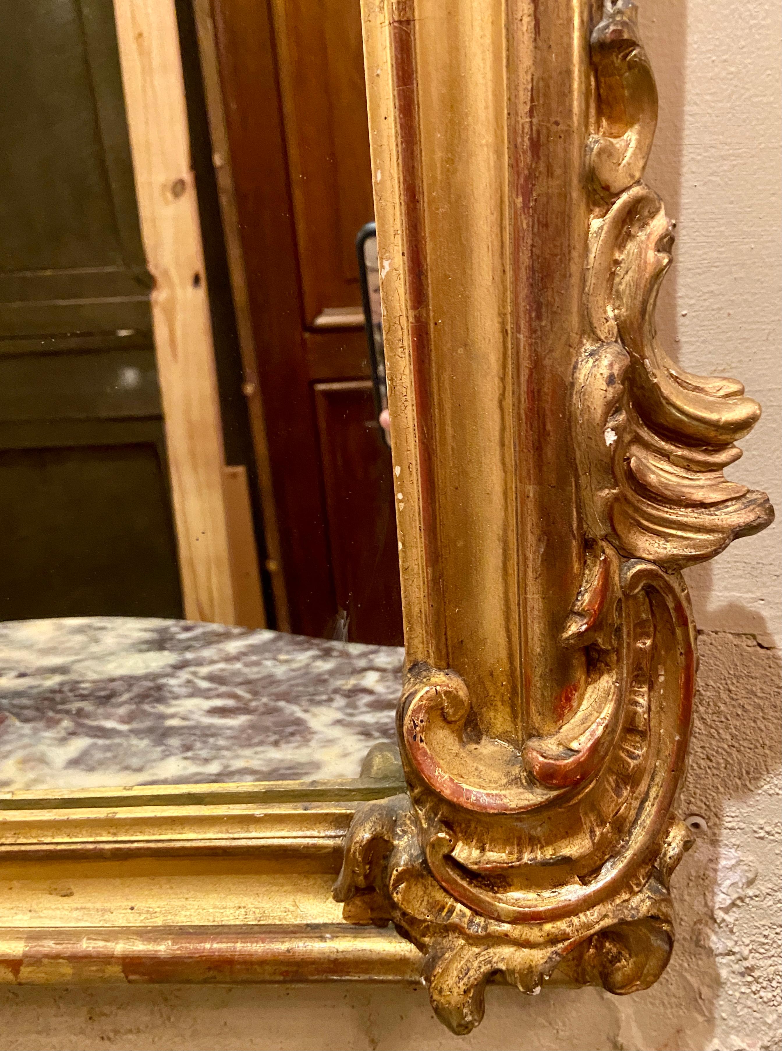 19th Century Antique French Louis XV Style Gold-Leaf Painted Carved Wood Mirror, Circa 1880