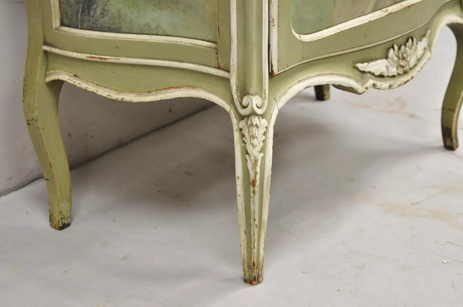 Antique French Louis XV Style Green Distress Painted Curved Glass Curio Cabinet For Sale 6