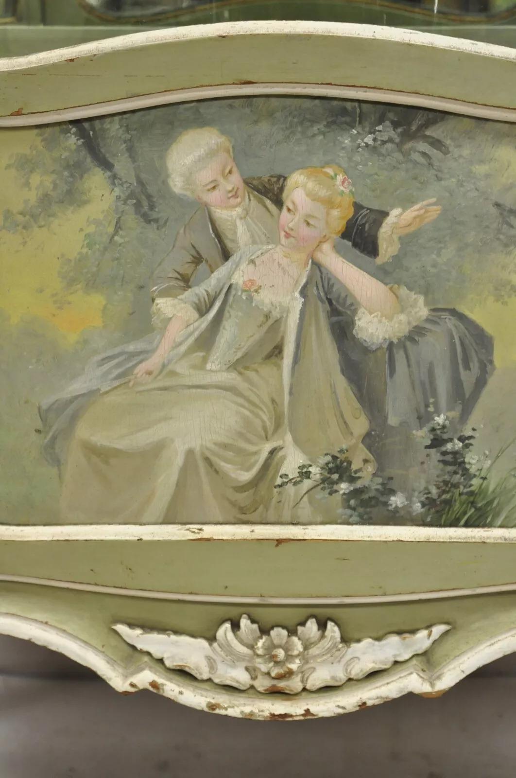 Antique French Louis XV Style Green Distress Painted Curved Glass Curio Cabinet For Sale 7