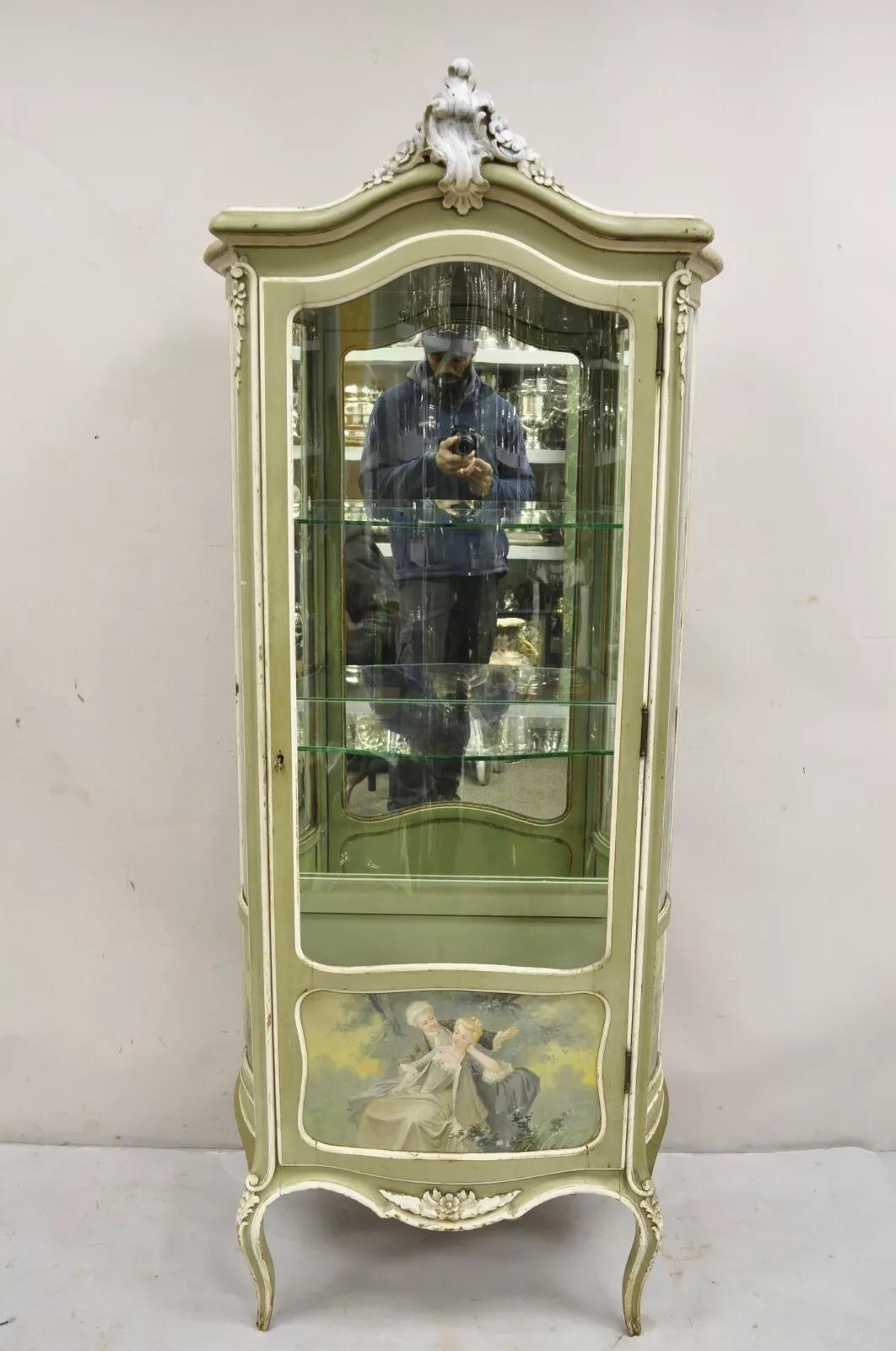 Antique French Louis XV Style Green Distress Painted Curved Glass Curio Cabinet For Sale 8