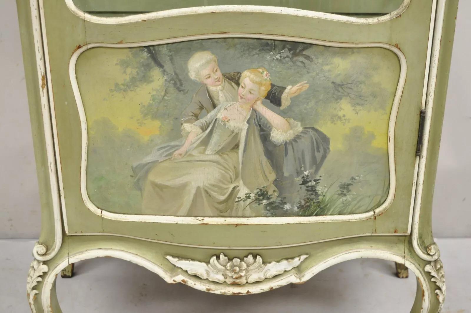 Unknown Antique French Louis XV Style Green Distress Painted Curved Glass Curio Cabinet For Sale