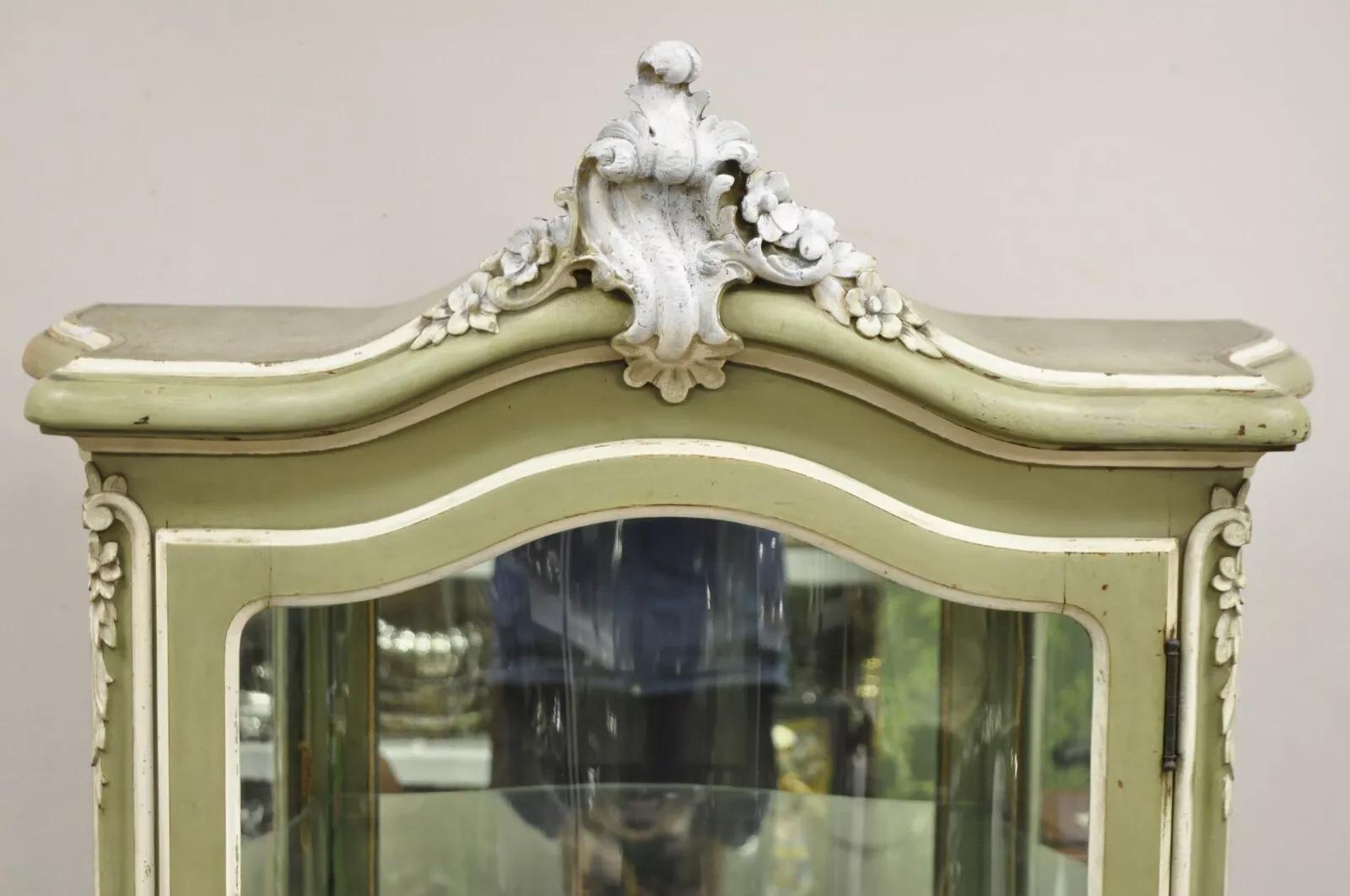 20th Century Antique French Louis XV Style Green Distress Painted Curved Glass Curio Cabinet For Sale