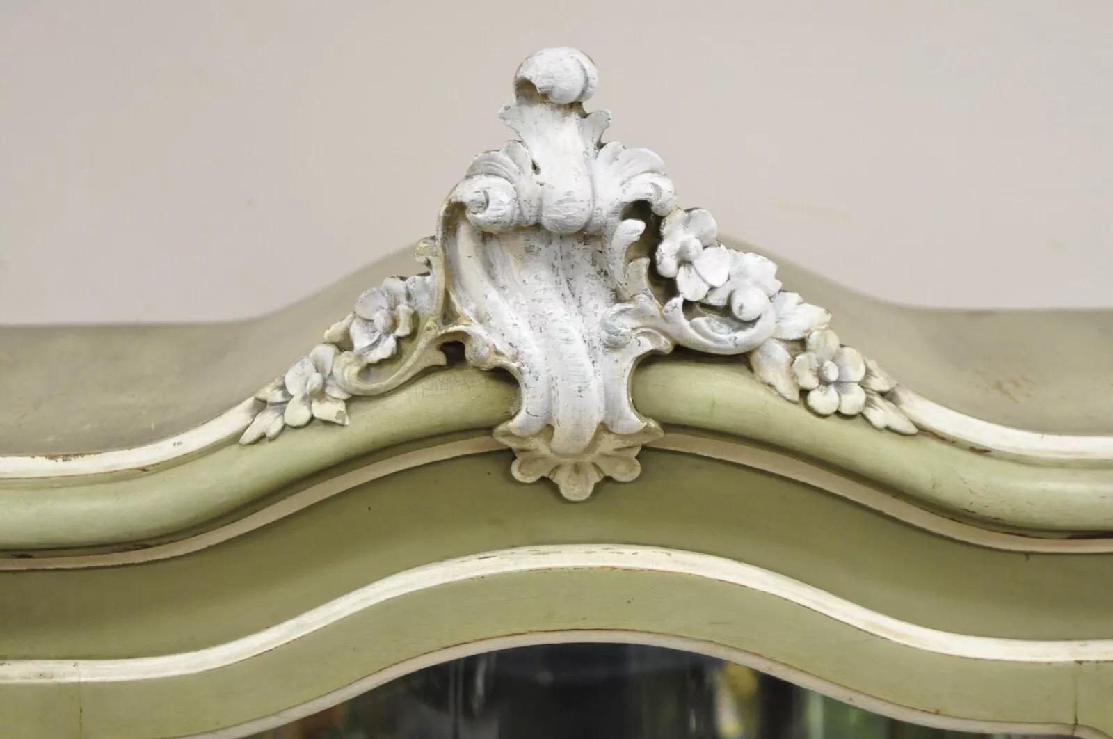 Antique French Louis XV Style Green Distress Painted Curved Glass Curio Cabinet For Sale 1