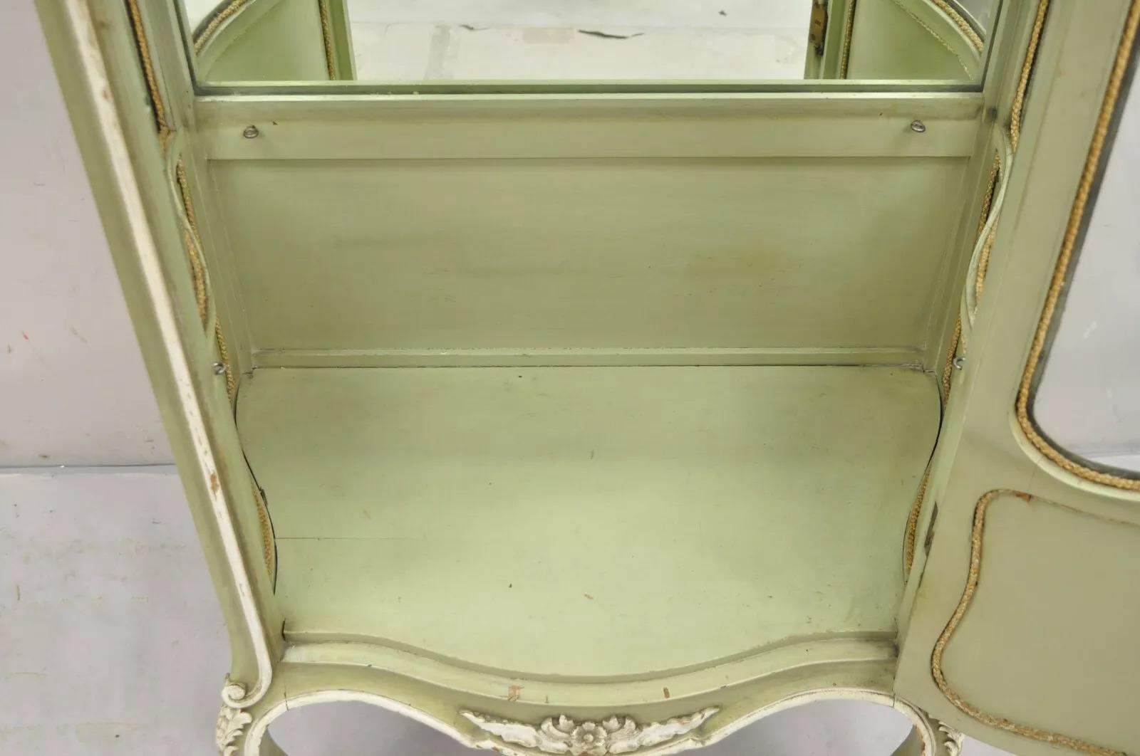 Antique French Louis XV Style Green Distress Painted Curved Glass Curio Cabinet For Sale 4