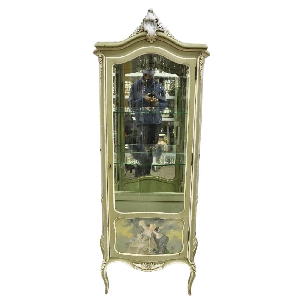 Antique French Louis XV Style Green Distress Painted Curved Glass Curio Cabinet