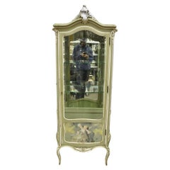 Antique French Louis XV Style Green Distress Painted Curved Glass Curio Cabinet
