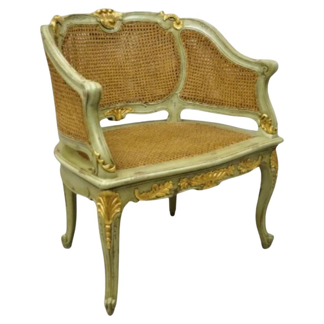 Antique French Louis XV Style Green Distressed Gold Gilt Cane Bergere Arm Chair