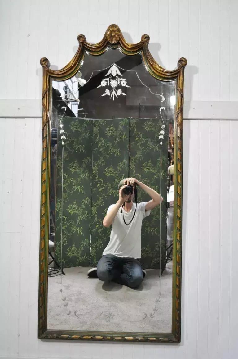 Antique French Louis XV Style Green & Gold Carved Drape Floral Etched Mirror For Sale 4