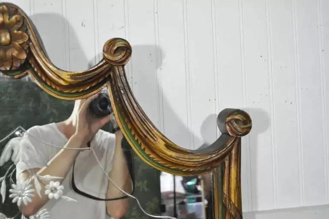 Unknown Antique French Louis XV Style Green & Gold Carved Drape Floral Etched Mirror For Sale