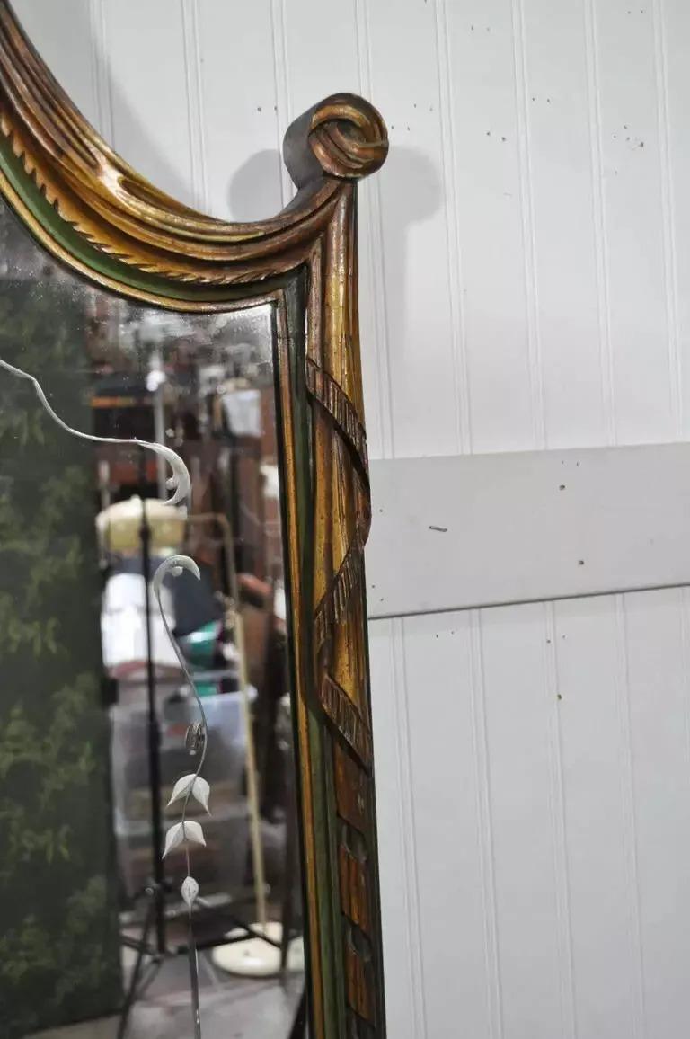 Antique French Louis XV Style Green & Gold Carved Drape Floral Etched Mirror In Good Condition For Sale In Philadelphia, PA