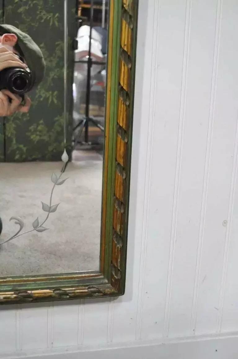 Glass Antique French Louis XV Style Green & Gold Carved Drape Floral Etched Mirror For Sale