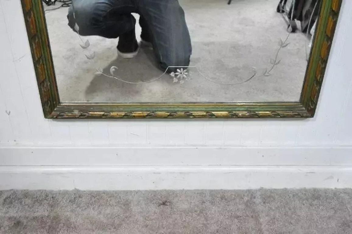 Antique French Louis XV Style Green & Gold Carved Drape Floral Etched Mirror For Sale 1