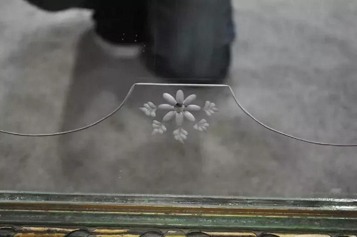 Antique French Louis XV Style Green & Gold Carved Drape Floral Etched Mirror For Sale 2