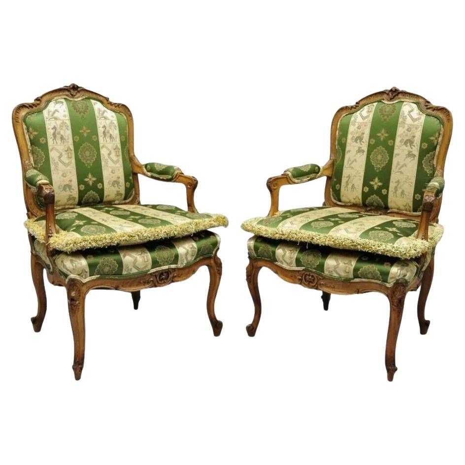 Antique French Louis XV Style Green & Gold Walnut Fauteuil Arm Chairs - una coppia
