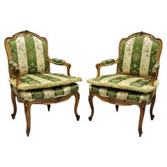 Antique French Louis XV Style Green & Gold Walnut Fauteuil Arm Chairs - a Pair
