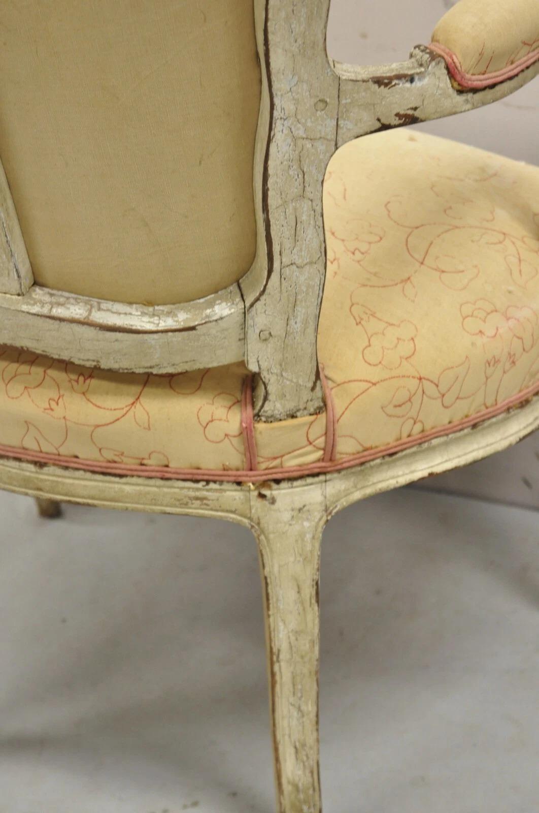 Antique French Louis XV Style Gustavian Cream Distress Painted Arm Chair For Sale 4