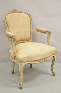 Antique French Louis XV Style Gustavian Cream Distress Painted Arm Chair