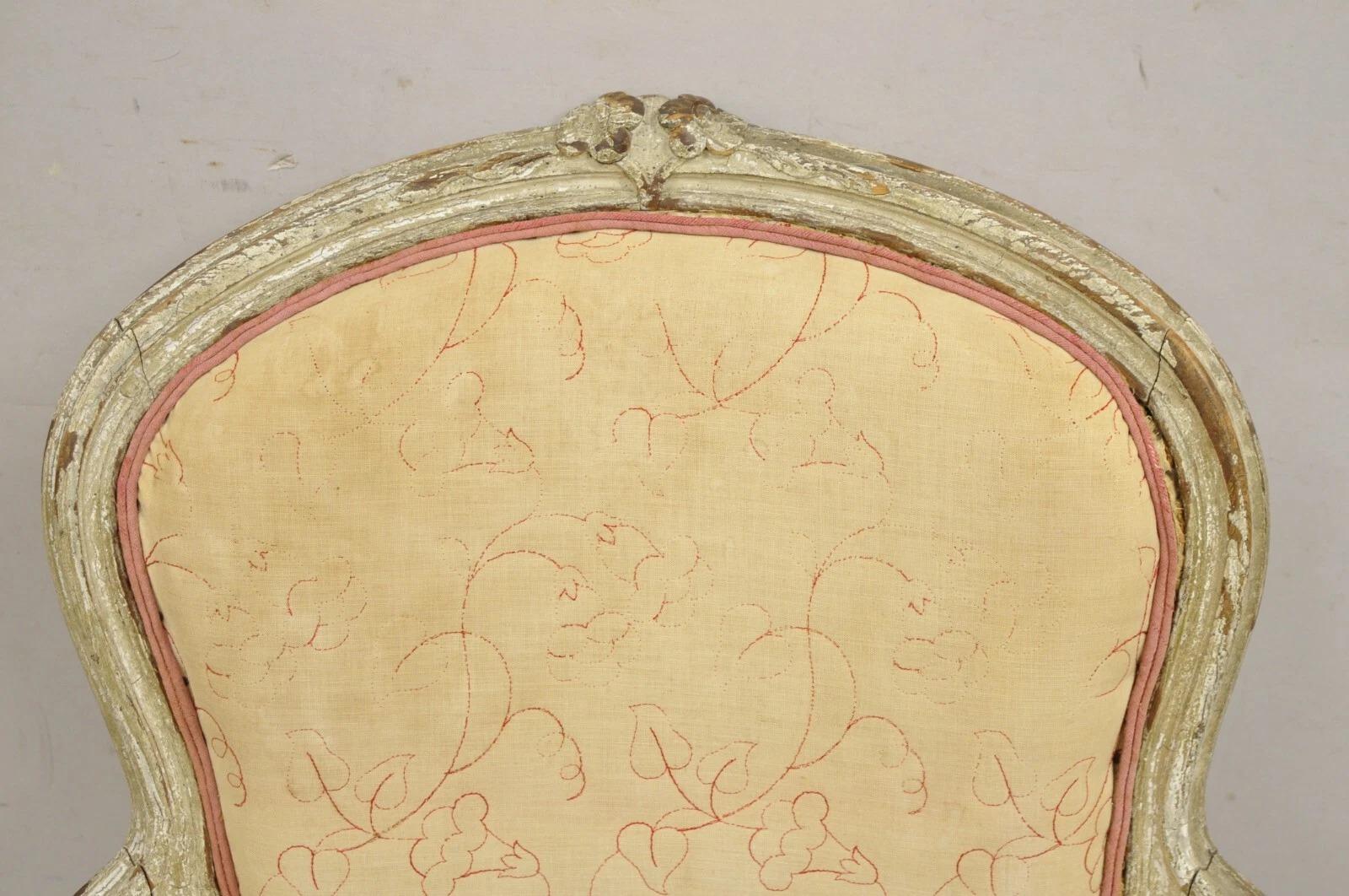 Unknown Antique French Louis XV Style Gustavian Cream Distress Painted Arm Chair For Sale