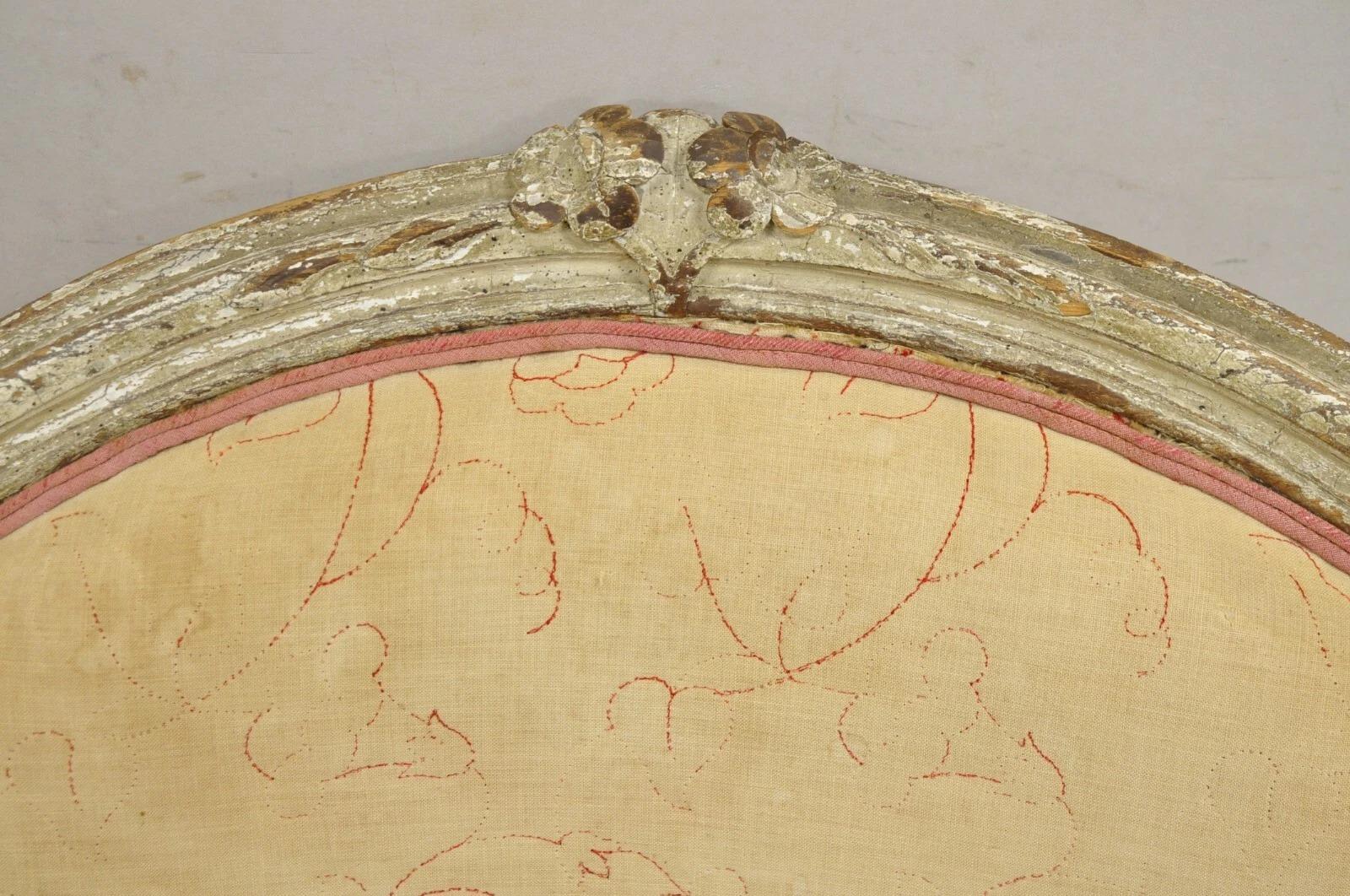 Antique French Louis XV Style Gustavian Cream Distress Painted Arm Chair In Good Condition For Sale In Philadelphia, PA