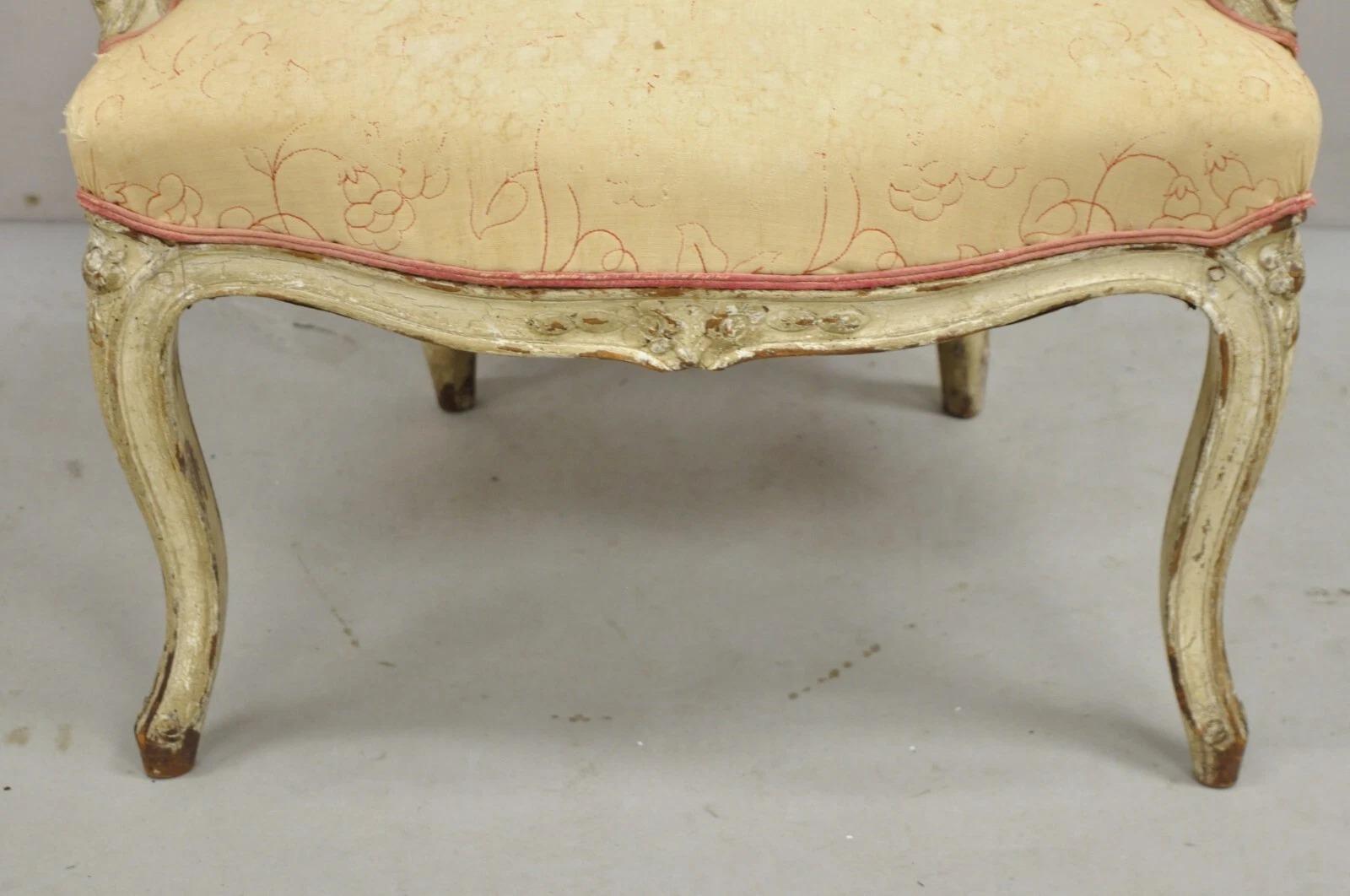 19th Century Antique French Louis XV Style Gustavian Cream Distress Painted Arm Chair For Sale