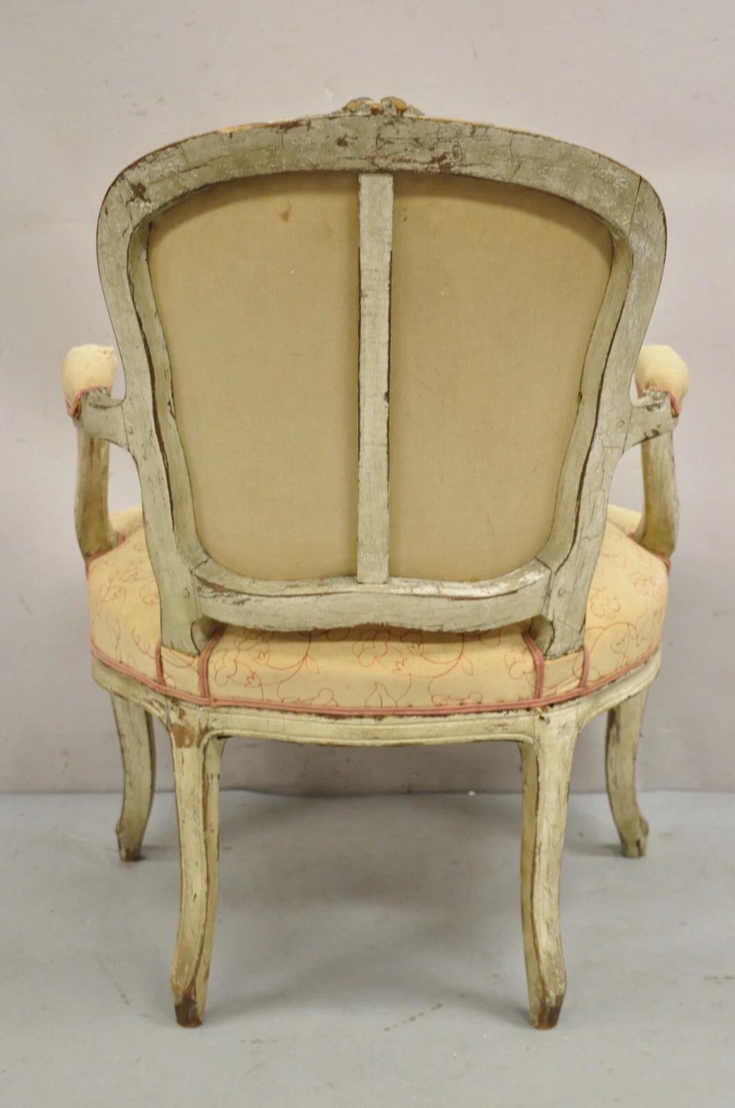 Fabric Antique French Louis XV Style Gustavian Cream Distress Painted Arm Chair For Sale
