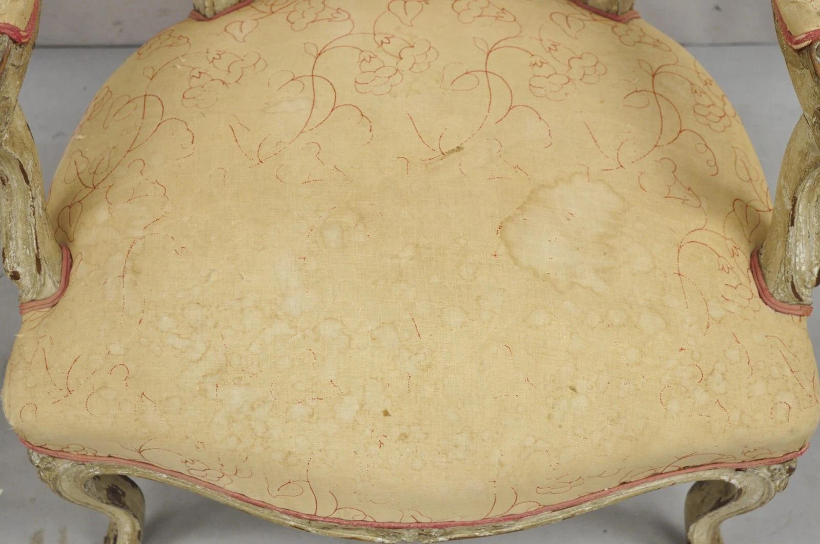 Antique French Louis XV Style Gustavian Cream Distress Painted Arm Chair For Sale 1