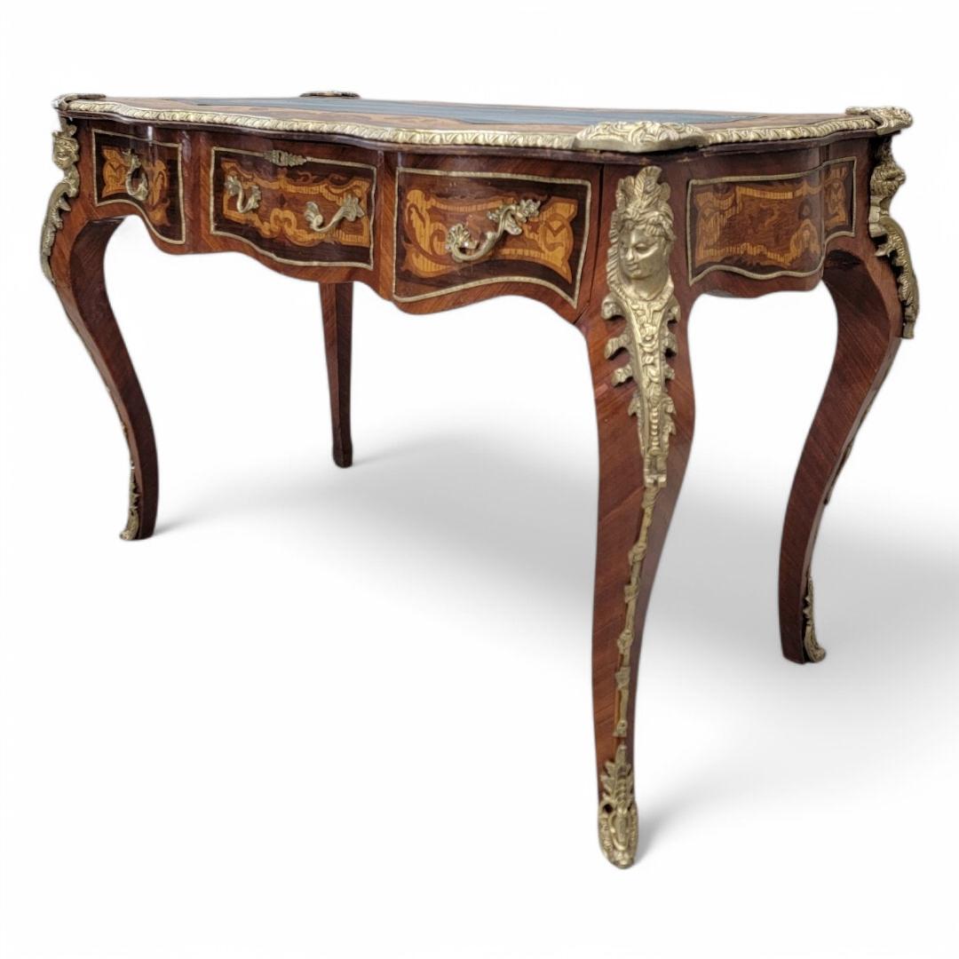 Antique French Louis XV Style Heavily Detailed Inlay wi Leather Topped Desk In Good Condition For Sale In Chicago, IL