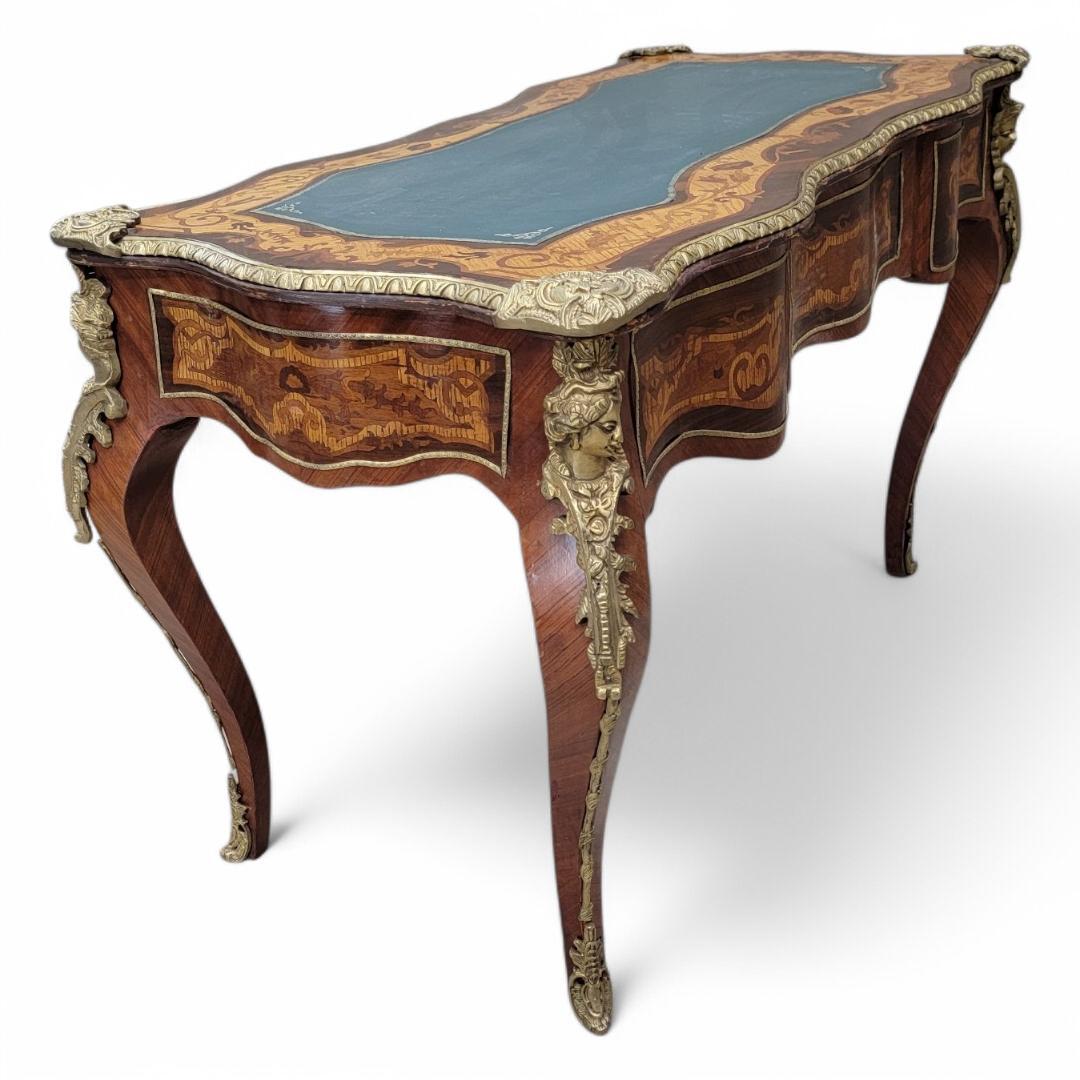 20th Century Antique French Louis XV Style Heavily Detailed Inlay wi Leather Topped Desk For Sale